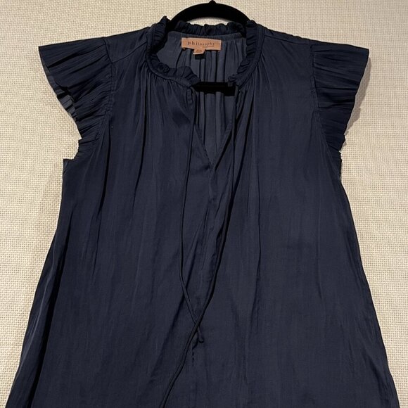 Philosophy Navy Blue V Neck Blouse Career Pleated Flutter Sleeve Size Medium - Picture 1 of 9